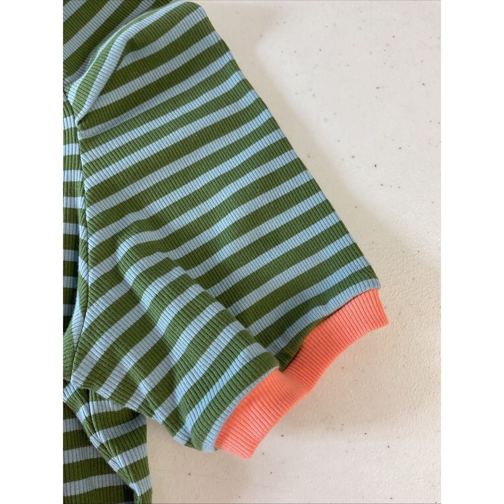 Maeve Green and Cream Striped Puff Sleeve Top with Coral Trim - Picture 6 of 10